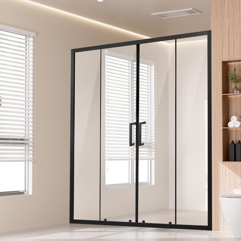 Porte de Douche Coulissante avec Cadre 146,9-149,9 x 177,8 cm, Paroi de Douche Double Glissière, en Verre Trempé Transparent 6 mm, Étanche, Incassable, Antitache, avec Quincaillerie Inox Noir (1/5)