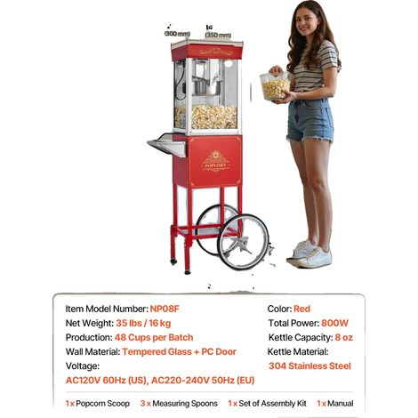 Popcornmaschine, 48 Tassen Fassungsvermögen, leicht zu reinigen, Rot (1/2)