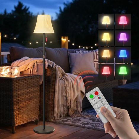 Mojimdo Lampe Solaire sur Pied avec Télécommande 7 Modes RGB Détecteur Crépuscule Aube 3 Niveaux de Blanc Chaud Réglable IP65 Étanche Sans Fil Rechargeable pour Terrasse Jardin Cour (1/5)