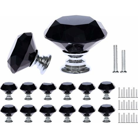 12 Pièces Noir Cristal Verre Meuble Poignées, Bouton de Meuble avec 2 Vis de taille, Bouton de Porte, Tiroir de Poignée, Poignée de Portes pour Cuisine, Bureau, Chambre, Placard (30 mm), (1/5)