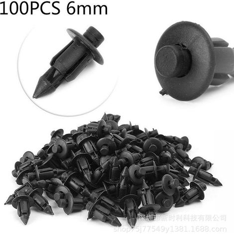 Rivets automobiles P05 noirs (lot de 100) avec clip de filetage fléché, adaptés aux trous de 6 mm de diamètre.