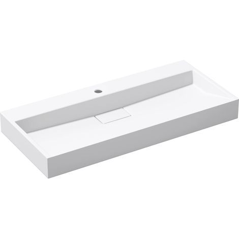 doporro Lavabo sobre encimera blanco mate de mármol fundido con válvula de desagüe 100x46x11cm Colossum19 lavabo rectangular suspendido con 1 orificio para grifo con nano revestimiento