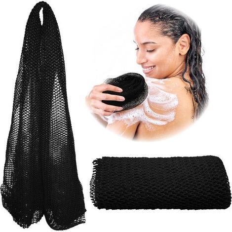 Toalla de baño exfoliante - esponja larga - toalla para espalda y pies - negra (1/5)