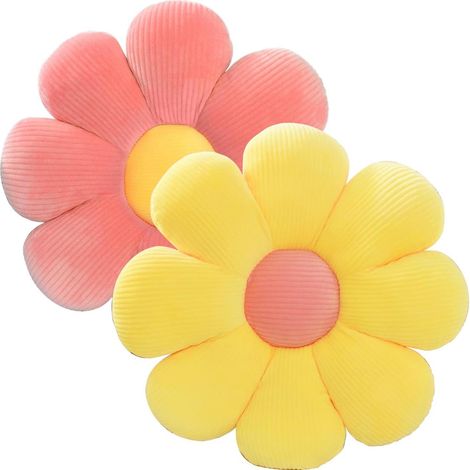 Coussin d'assise en forme de fleur, coussin de sol à motif pétales, indéformable en peluche extensible, lot de 2 pièces jaune et rouge pour canapé, tatami et repose-pieds (1/5)
