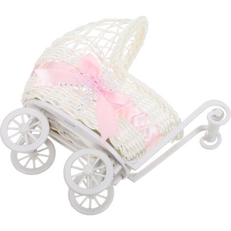 Panier Décoratif en Rotin Synthétique Mini Poussette Rose Panier à Goûter Tressé pour Mariage et Shower Portable pour Bonbons et Décorations de Fête (1/5)