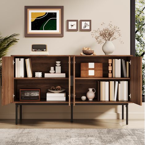 Aparador 140x40x80 cm natural en MDF con ratán, 4 puertas y patas de acero negro (1/5)