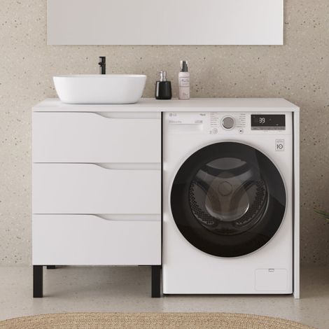 Meuble lave linge 124cm avec plateau et vasque arrondie - sans miroir - 3 tiroirs - blanc - SANTA (1/5)