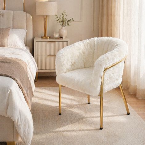 Sillón 57 x 57 x 77 cm de tejido de peluche blanco para dormitorio y salón FloraGrace (1/5)