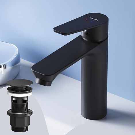 Bathroom Tap, Black Basin Mixer Tap with Click Waste, Anti-Scratch Washbasin Faucet, 30 mm SoftMotion Ceramic Cartridge, Easy to Clean (1/5)