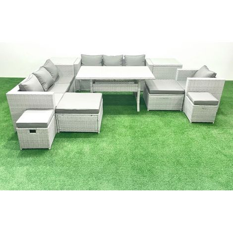 Fimous Rattan Gartenmöbel Essgarnitur 11 Sitzer Lounge Sofa Stuhl Esstisch Set mit 4 Hockern 2 Beistelltischen Hellgrau gemischt (1/5)