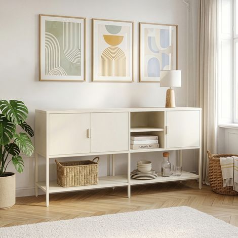 Aparador Kliri con 6 compartimentos acero 160x40x80cm - Blanco crema [en.casa] (1/5)