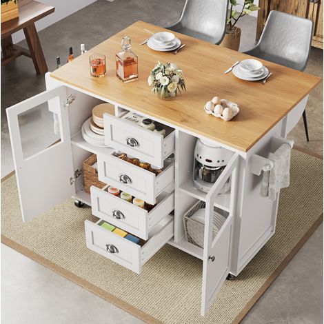 MODFU – Isola cucina pieghevole 137,9x73x92,5 cm in MDF e metallo con 4 cassetti, vani contenitore, ruote, portata 60 kg e 2 colli – Bianco (1/5)