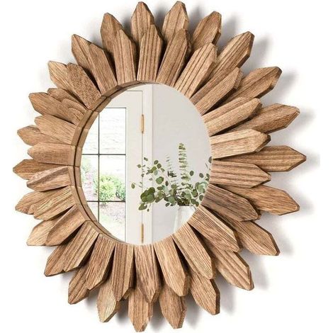 Tuserxln – Miroir mural rond en bois 30 cm – Verre argenté poli sans distorsion – Décoration murale rustique pour salon et chambre (1/5)
