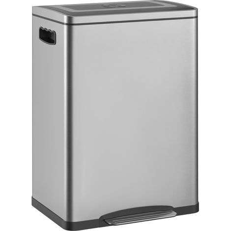 Poubelle avec couvercle et pédale, en acier inoxydable, 2 compartiments de 20 litres, argentée