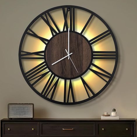 1 Horloge Murale 60CM, Silencieuse sans Tic-Tac, LED Activée par Son, Style Bois Métal, Chiffres Romains, Salon Chambre Bureau (1/5)