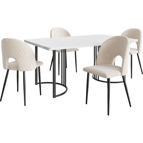 Conjunto de comedor 5 piezas mesa de 140 x 80 cm con 4 sillas de terciopelo beige (1/5)