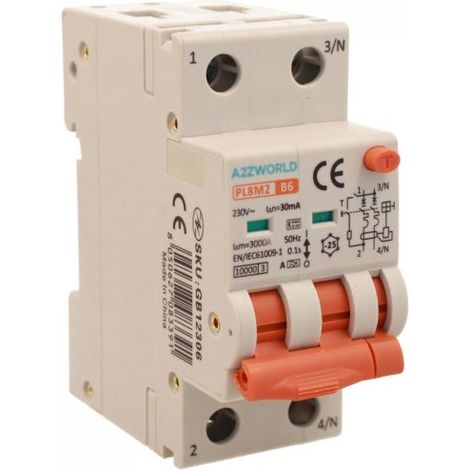 RCBO Interruttore Magnetotermico Differenziale Con Doppia Leva Tipo A Curva B 2P 2M 6000A 30mA, Diagnostica Visiva, B6A  AC 230V IP20 IEC61009-1 PL8M2