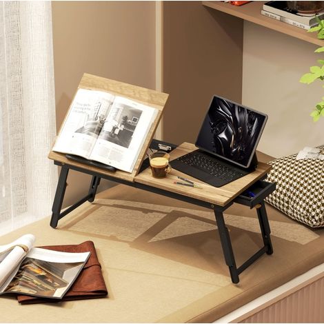 Scrivania pieghevole regolabile per laptop con cassetto, colore rovere HAVRYA (1/3)