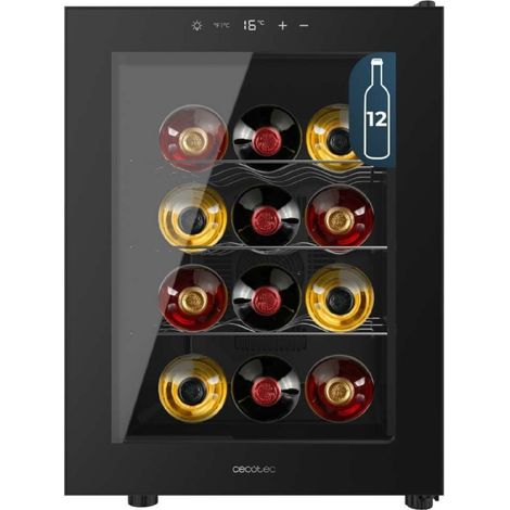 Cecotec Vinoteca Bolero GrandSommelier 1255 CoolCrystal E, Capacidad 12 Botellas, Estantes Metálicos, Control Táctil (1/5)