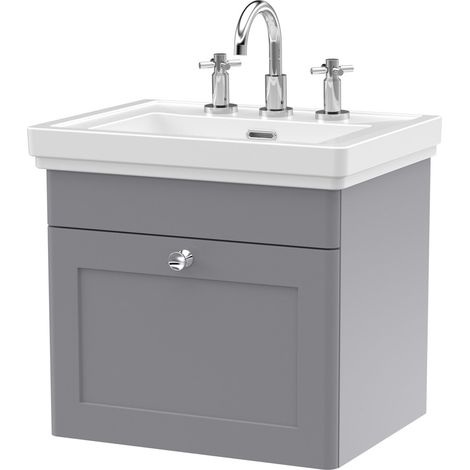 Nuie Classique Wall Hung 1-Drawer Vanity Unit with Basin 500mm Wide Satin Grey - 3 Tap Hole (1/4)
