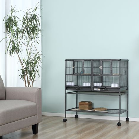 Cage à Oiseaux Double en Métal Premium avec Bacs Extractibles, Pied Stable à 4 Roulettes et Étagère, 95x45,5x102cm, Noir Gris (1/5)