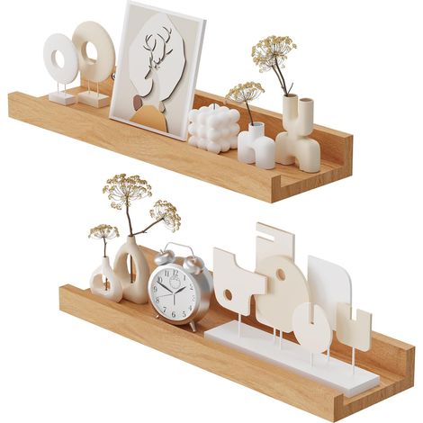 Lot de 2 Étagères Murales, Etagere Bois, 40 x 12 cm, Naturel Etagere Flottantes Bois Form de U,Tablette Murale, pour Salle de Bain, Cuisine,Ttiroir Flottante Massif Decoration (1/5)