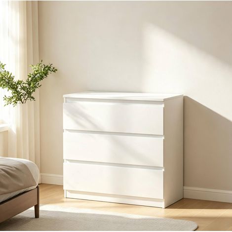 Commode 3 tiroirs blanche en panneau de particules, meuble de rangement compact avec tiroirs sans poignées, finition mélaminée résistante à l’eau, 80 x 39 x 73 cm - CHICFURN (1/5)