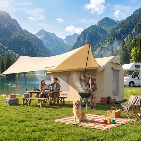 Tente de camping gonflable avec pompe, imperméable et coupe-vent (3000 mm), kaki (1/5)