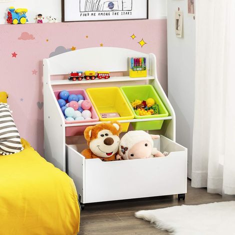 COSTWAY Spielzeugregal mit rollbarem Fach, 3 Boxen & Ablage, Bücherregal, 63,5x38x76,5cm (1/5)
