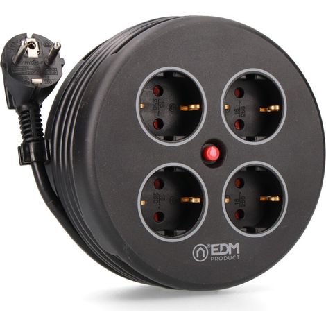Kabelaufroller mit 4 Steckdosen 2p+t Schuko, mit Schutz, 16 A 250 V, H05VV-F 3g1,5mm² Kabel, 5 m, Schwarz