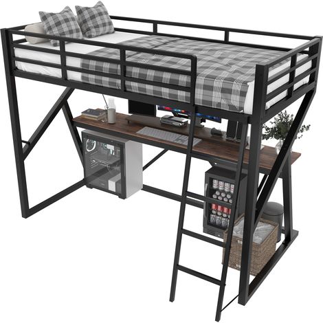 Lit mezzanine 90 x 200 cm avec bureau, LED multicolores, garde-corps et escalier, structure métal et MDF noir sans matelas - CHICFURN (1/5)