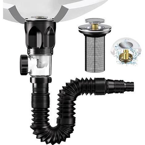 Bathroom Sink Drain Kit, Sink Drain Siphon with Retractable Flexible PVC Drain Hose and Pop Up Sink Plug, Odour and Insect Resistant (1/4)