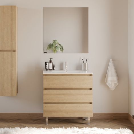 Meuble de salle de bain 80cm simple vasque - 3 tiroirs - nebraska (bois clair) - MAYOR (1/5)