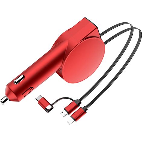 Chargeur de téléphone de voiture USB 3 en 1 à 2 fils télescopique 8e génération, charge ultra rapide multifonction 40 W rouge (1/5)