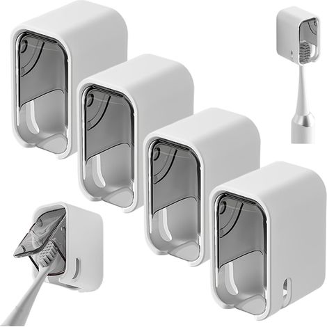 Porte-brosses à dents mural 4 pièces avec couvercle, sans perçage, organiseur de salle de bains pour brosses manuelles et électriques, plastique gris transparent (1/5)