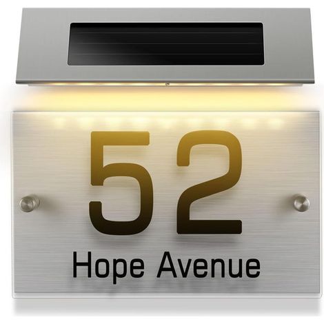 Letrero solar para puerta con 18 luces LED, fabricado en acero inoxidable, que emite una luz blanca cálida. (1/5)