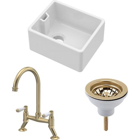 Fireclay Kitchen Bundle - Compact Single Bowl Belfast Sink, Strainer Waste & Bridge Lever Tap, 460mm - Brushed Brass - Balterley