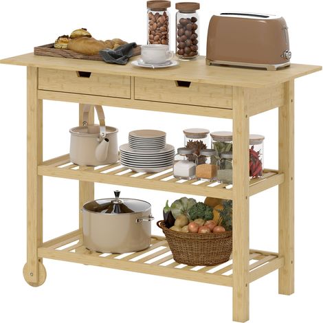 Carro de cocina 100 x 43 x 75 cm almacenamiento 2 cajones 2 estantes con ruedas escandinavo elegante útil de bambú natural 210001061 (1/5)
