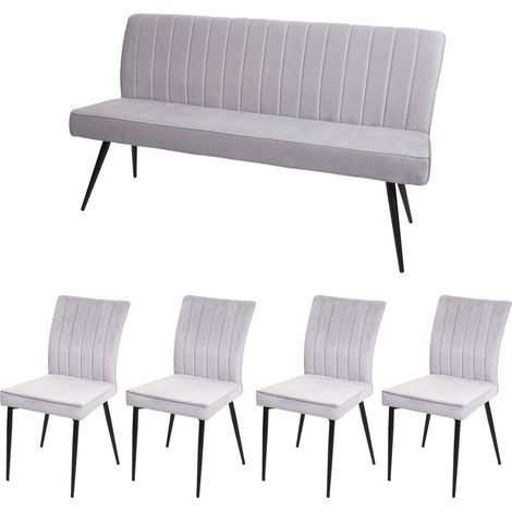 Esszimmer-Set HHG-480, 4er-Set Stuhl+Sitzbank Esszimmergruppe Sitzgruppe Esszimmergarnitur, Samt Metall hellgrau