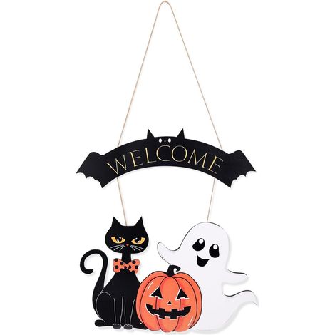 Cartello di Halloween in legno resistente per la porta, dal design grazioso, facile da installare, decorazione festiva multiuso per la casa e regalo stagionale (1/4)