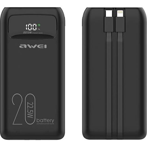 Power Bank Awei P169K da 20000 mAh e 22,5 W con display nero e cavi PD/Lightning. (1/5)