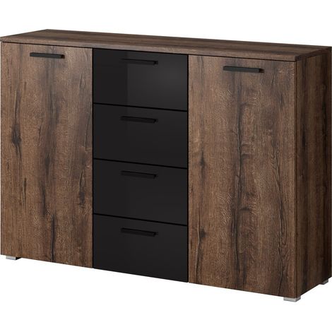 Credenza design 2 porte e 4 cassetti 130cm. Collezione FLOYD color rovere scuro e nero lucido