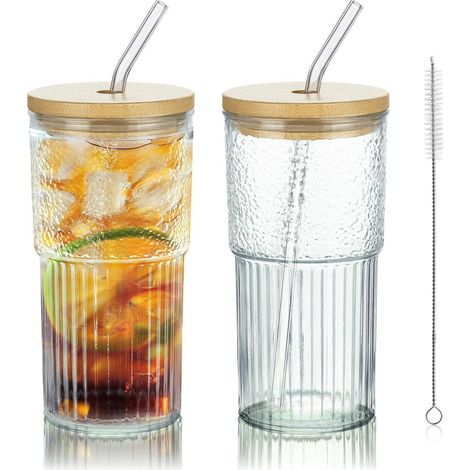2er Set Trinkgläser 720ml mit Bambusdeckel & Strohhalm, gerippt, spülmaschinenfest