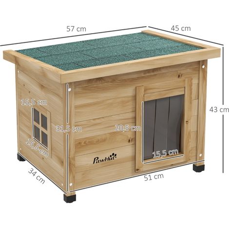 Grotte extérieure pour chat, refuge imperméable et résistant, niche en bois naturel pour félin jusqu'à 6 kg, dimensions 57 x 45 x 43 cm, abri confortable pour jardin (1/5)