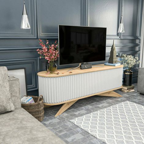 Dmora - Fernsehschrank Desteve, Ständer für Wohnzimmerfernseher, Niedriges Wohnzimmer-Sideboard, TV-Ständerbasis, 180x43h60 cm, Eiche und Weiß (1/5)