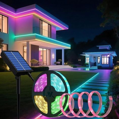 5 m Bande LED Solaire, Éclairage RVB Extérieur IP67, Guirlande Lumineuse Décorative pour Jardin Cour et Arbres