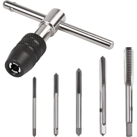 6-teiliges metrisches Gewindeschneid-Set für kleine Handschrauben (M3, M4, M5, M6, M8, HSS) mit verstellbarem Gewindebohrerschlüssel und Aufbewahrungsbox für Möbelmontage und Maschinenbau.