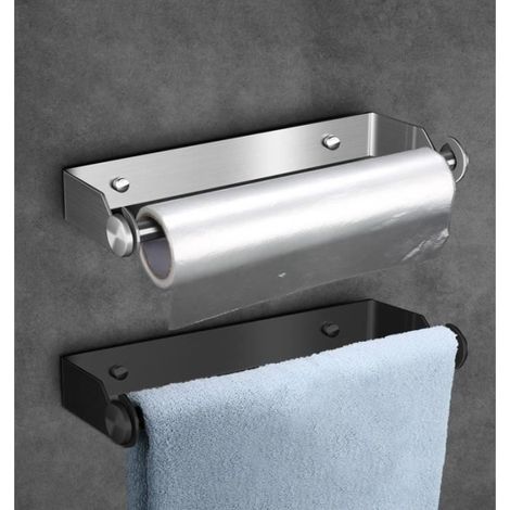 33 cm toilet paper holder, 304 stainless steel wall-mounted paper towel holder, black kitchen roll holder with stickers and screws. (1/4)