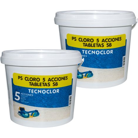 Confezione da 2 secchi di pastiglie di cloro a 5 azioni, da 5 Kg ciascuno