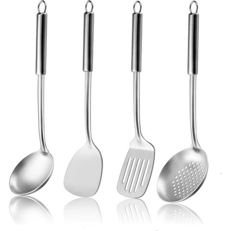 1 colador + 1 espátula + 1 cuchara + 1 colador Juego de utensilios de cocina de acero inoxidable Juego de wok Juego de colador de mango largo Espátula Cuchara (1/5)